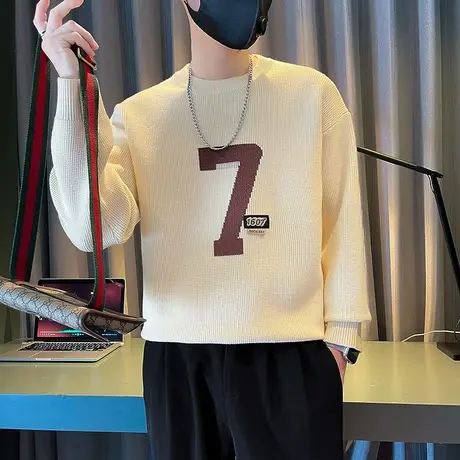 圆领毛衣潮男2023秋冬新款字母提花针织衫上衣青年轻熟风潮牌线衣商品大图