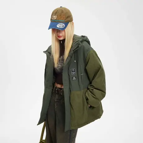 复古潮牌拼接连帽棉服女加厚冬季工装外套2023年新款宽松保暖棉衣商品大图