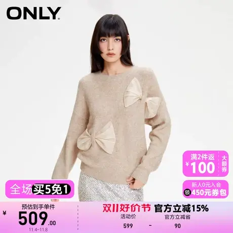 【买5免1】【上新】ONLY奥莱甜美百搭蝴蝶结落肩宽松圆领针织衫女商品大图