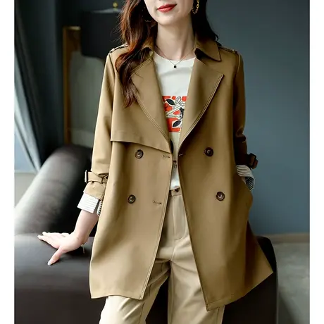 宝诗黎2023中长款双排扣腰带风衣外套时尚韩版拼接高级感新款秋装商品大图