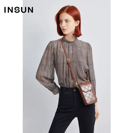 恩裳商场同款秋季时尚异色格纹轻薄透气百搭通勤真丝衬衫商品大图