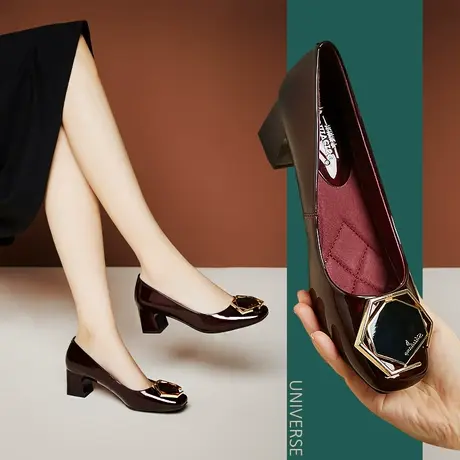 新款妈妈鞋漆皮女粗跟中跟红色单鞋大脚大码软底软皮浅口皮鞋商品大图