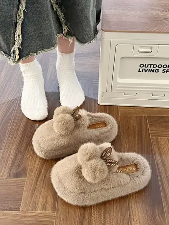 网红时尚水钻一字毛毛球拖鞋女外穿2023新款秋冬舒适居家防滑棉拖商品大图