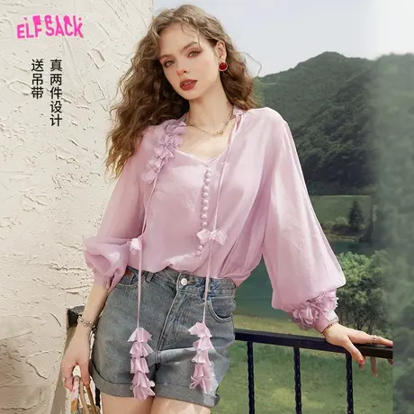 妖精的口袋【送吊带】粉色v领雪纺衫女2023夏新款宽松薄款设计感图片