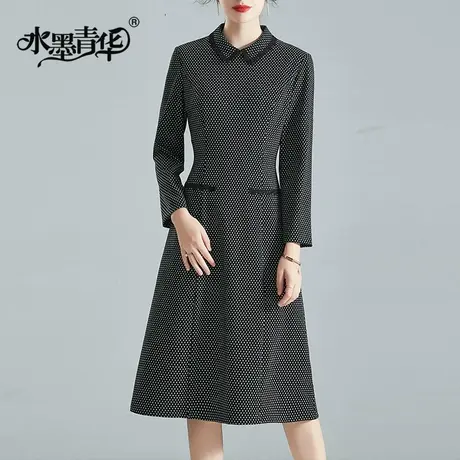 水墨青华复古印花针织连衣裙女冬季新款赫本风气质中长裙子商品大图