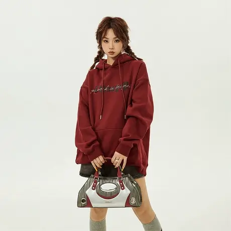 YEP复古酒红色连帽卫衣女2023年新款秋冬加绒印花宽松潮牌上衣商品大图