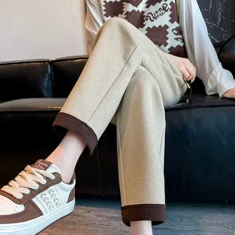 九分卷边毛呢哈伦裤女秋冬季宽松高腰显瘦小个子加厚羊绒休闲裤子图片