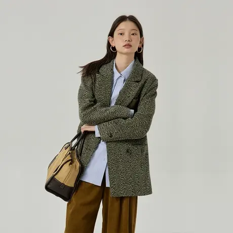 omont蛋挞家 复古人字纹西装外套女冬季新款中长款毛呢外套商品大图