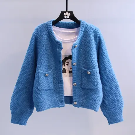 小香风短款毛衣外套女2023秋冬新款韩版宽松外穿气质减龄针织开衫商品大图