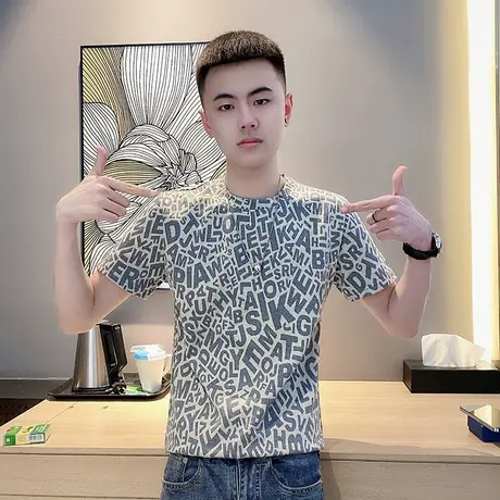 夏季男士t恤打底衫短袖修身半袖花色潮牌休闲紧身ins潮流圆领体恤商品大图