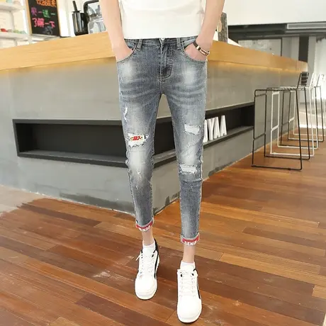 夏季潮流男牛仔裤韩版破洞修身小脚裤瘦裤网红潮牌个性休闲九分裤图片