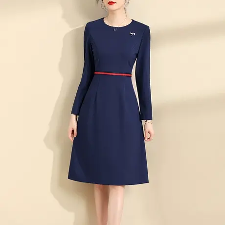 水墨青华冬季新品优雅修身蓝色a型裙显瘦百搭打底连衣裙图片