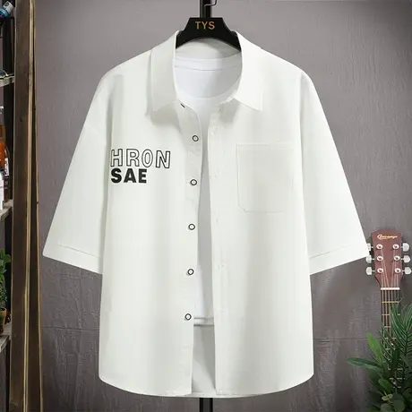 港风短袖衬衫男士套装夏季冰丝速干七分袖衬衣男外套盐系休闲寸衫商品大图