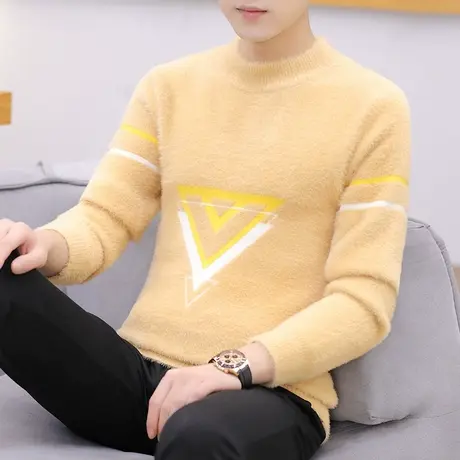 水貂绒毛绒衣服男士潮流加绒加厚款穿内搭打底衫秋冬季保暖毛线衣商品大图