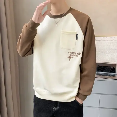 撞色插肩长袖t恤男春秋款圆领卫衣男休闲宽松青少年慵懒风打底衫商品大图