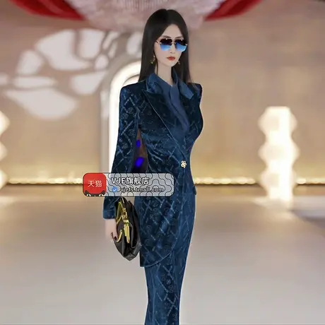 VJE秋冬欧美风印花丝绒假两件连体裤2023新品时尚原创连身喇叭裤图片