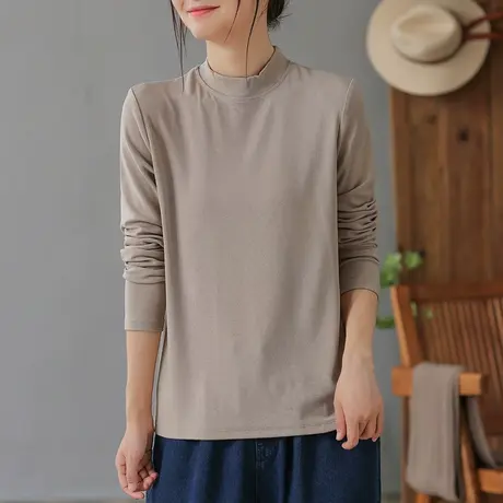 dza 复古纯色半高领长袖T恤女士2023春秋内搭打底衫休闲显瘦上衣商品大图