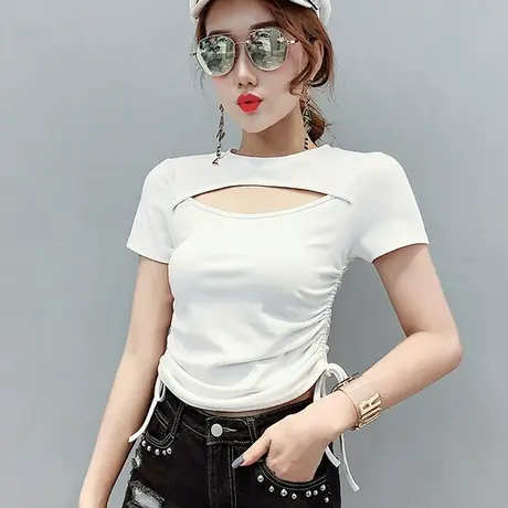 性感镂空短袖T恤女夏装设计感小众前后两穿上衣高腰短款抽绳小衫商品大图