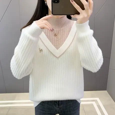 冬季2024年新款假两件水貂绒加厚雪尼尔毛衣内搭半高领拼色爆款女商品大图