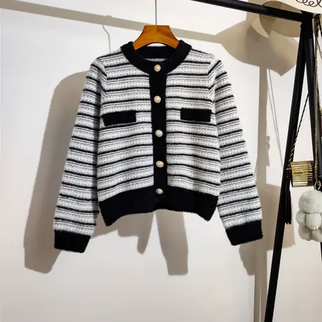 小香风条纹毛衣开衫女秋冬新款韩系圆领长袖气质短款针织外套宽松商品大图