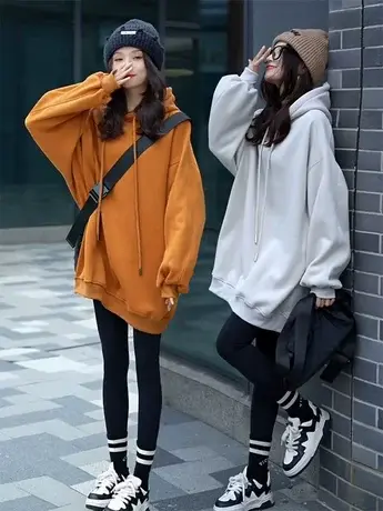2023秋季新款港风ins纯色连帽卫衣女大码宽松纯色情侣长袖外套潮商品大图