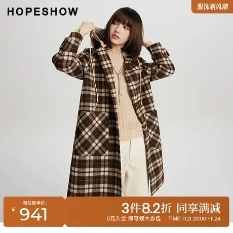 红袖outlets格纹单排扣连帽大衣hopeshow2023冬复古英伦中长外套商品大图