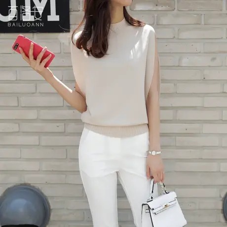 百洛安圆领无袖针织衫T恤衫女夏季新款韩范时尚休闲百搭背心上衣商品大图