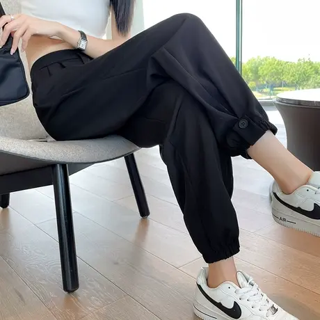 黑色冰丝西装裤女夏季薄款高腰宽松显瘦百搭休闲九分束脚灯笼裤子商品大图