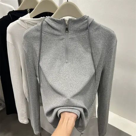 灰色欧货立领连帽拉链针织T恤女2023秋季新款修身弹力打底衫上衣商品大图