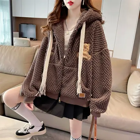 羊羔毛外套女秋冬季韩版宽松大码加绒加厚小个子羊羔绒开衫卫衣潮图片