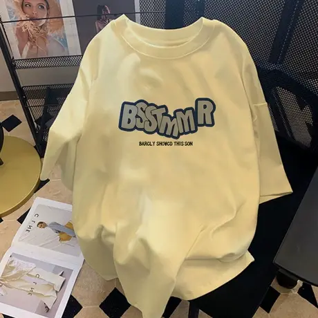 韩版chic大码纯棉情侣t恤女ins潮oversize宽松米黄短袖小众上衣夏图片