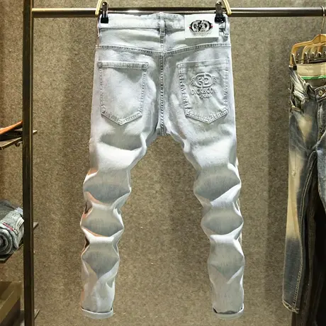 高级灰夏季轻奢牛仔裤男款弹力修身小脚裤欧洲站高端烫印潮牌长裤商品大图