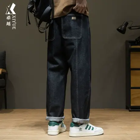 复古拼接直筒牛仔裤男2023秋冬新款长裤宽松大码胖子百搭休闲男裤商品大图