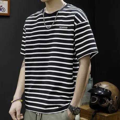 条纹短袖t恤男士夏季宽松潮牌体恤男2024新款男装半袖加肥加大码商品大图