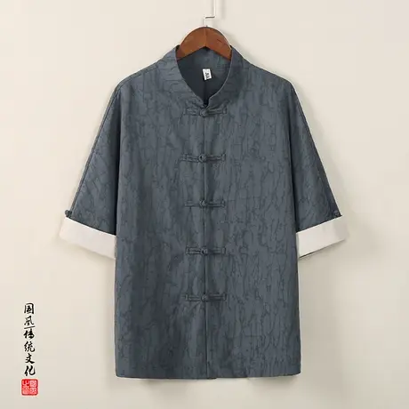 中国风棉麻短袖衬衫男提花衣服复古盘扣民族风格半袖男装大码上衣图片