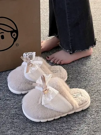 蝴蝶结棉拖鞋女士冬季2023新款全包跟室内家居保暖毛毛绒棉鞋冬天商品大图