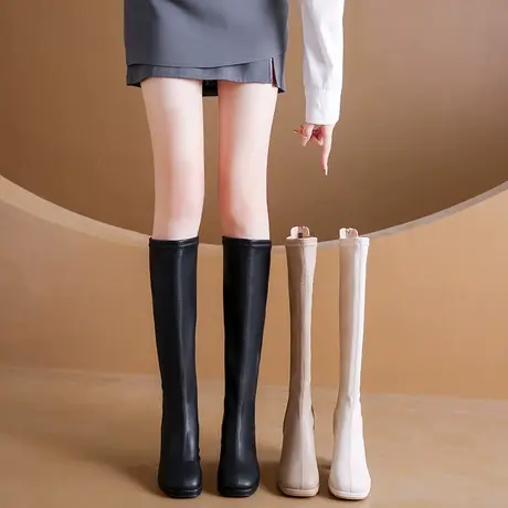 法式长筒靴女2023春秋新款高级感小个子增高瘦瘦靴粗跟高跟骑士靴图片