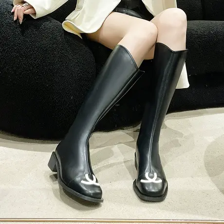 黑色长筒靴女2024年新款春秋不过膝骑士靴百搭显瘦高筒靴中筒靴冬图片