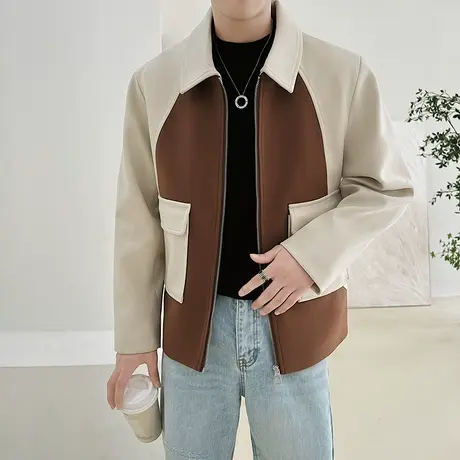 2023男新款毛呢上衣秋冬妮子拼色微宽松夹克小外套轻熟简约潮外套图片
