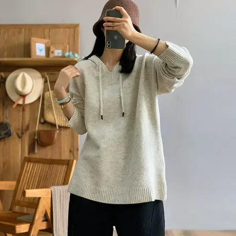 dza 复古加厚羊驼帽衫女秋冬内搭打底针织衫宽松上衣休闲叠穿毛衣商品大图