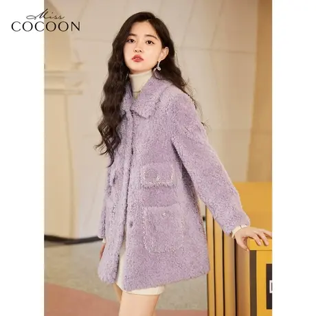 missCOCOON紫色羊羔绒皮草外套女2022新款冬宽松时尚高端大衣外套图片