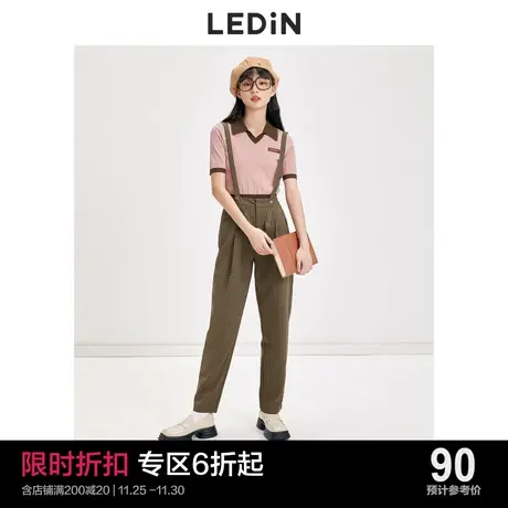 乐町格纹背带锥形裤休闲夏季新款高腰休闲长裤女宽松薄款英伦风商品大图