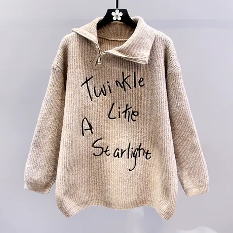 美式刺绣字母半拉链高领毛衣女冬季2023新款宽松设计感针织衫上衣商品大图