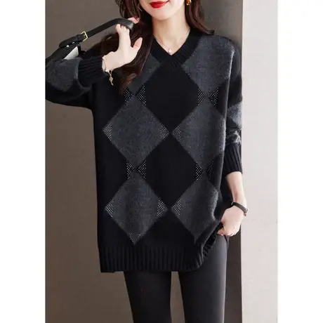 2023冬季新款大码装V领毛衣女拼色慵懒风针织衫宽松洋气烫钻上衣图片