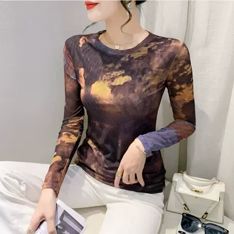 欧货性感网纱圆领打底衫女长袖晕染印花时尚洋气内塔上衣修身T恤商品大图
