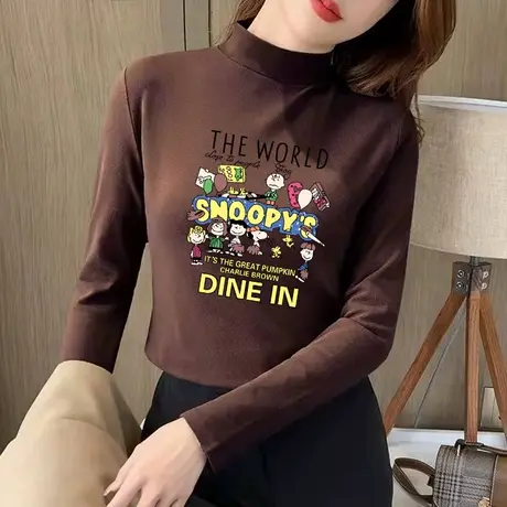 正肩长袖t恤女内搭打底衫女春秋德绒小立领冬季2024新款修身上衣商品大图