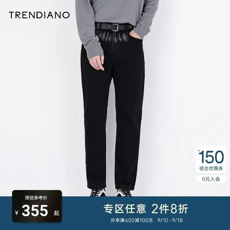 TRENDIANO潮牌新款牛仔裤男士黑色直筒裤宽松修身小脚长裤商品大图