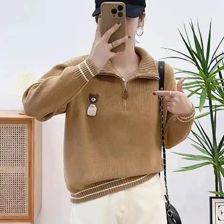 洋气小熊刺绣翻领纯色毛衣女半开设计休闲秋冬韩版学院风针织衫女商品大图