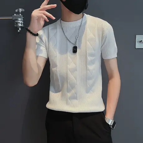 秋冬季时尚休闲短袖T恤竖条纹半袖针织衫潮牌百搭纯色ins个性体恤商品大图