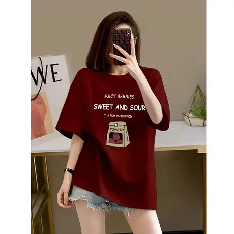 酒红色纯棉短袖t恤女2024新款宽松显瘦欧货百搭大版打底衫内搭款图片